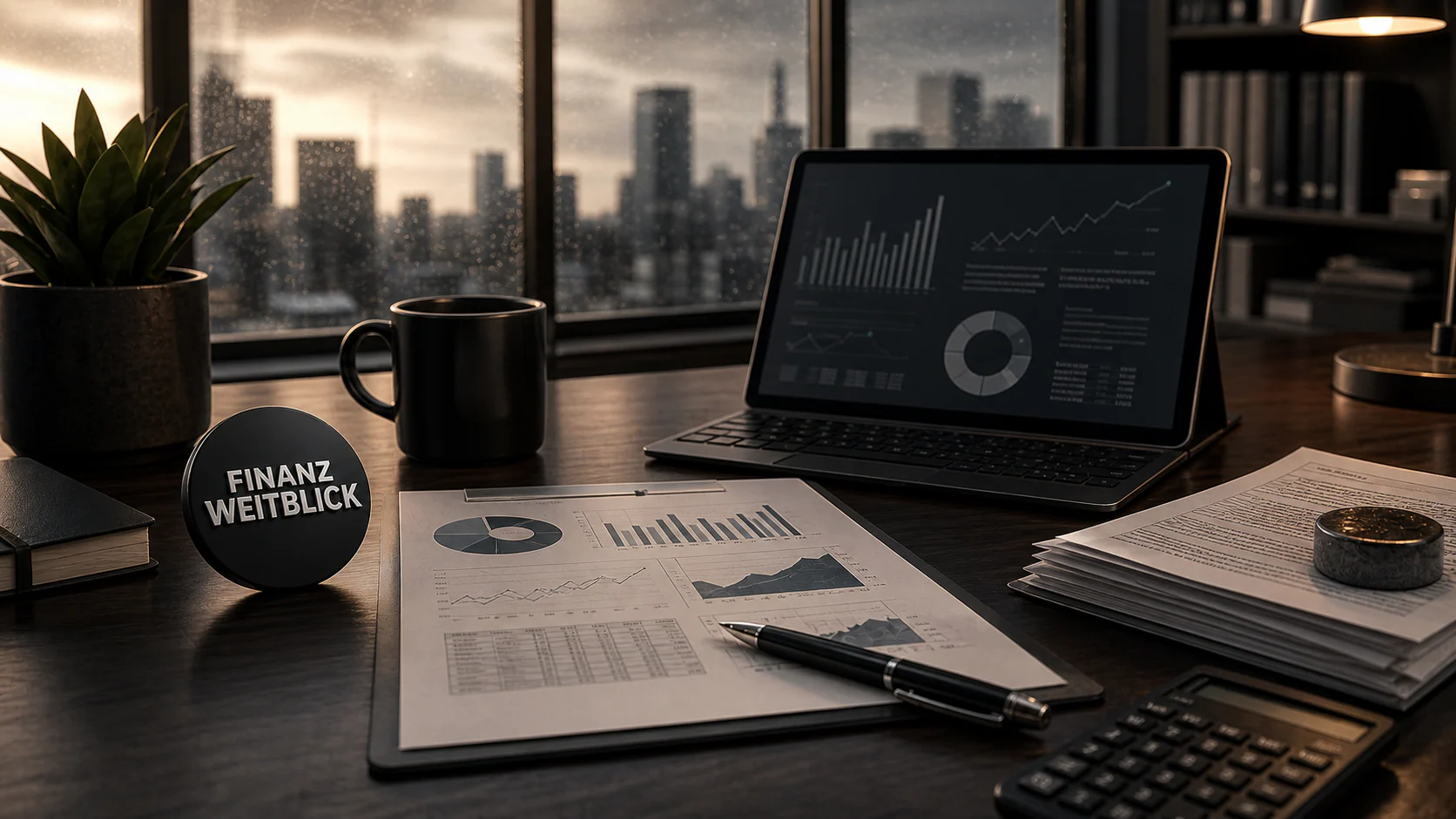 Fotorealistische FinanzWeitblick-Kampagnenszene in einem Münchner Boardroom bei Sonnenaufgang mit Risikoanalyse, Tablet und integrierter schwarzer Markenplakette