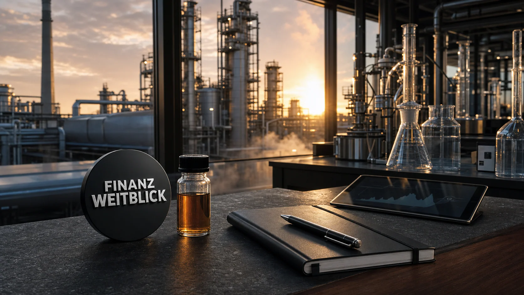 Fotorealistische FinanzWeitblick-Kampagnenszene an einem Analystenplatz vor einem Chemiekomplex am Rhein bei blauer Stunde mit integrierter Markenplakette