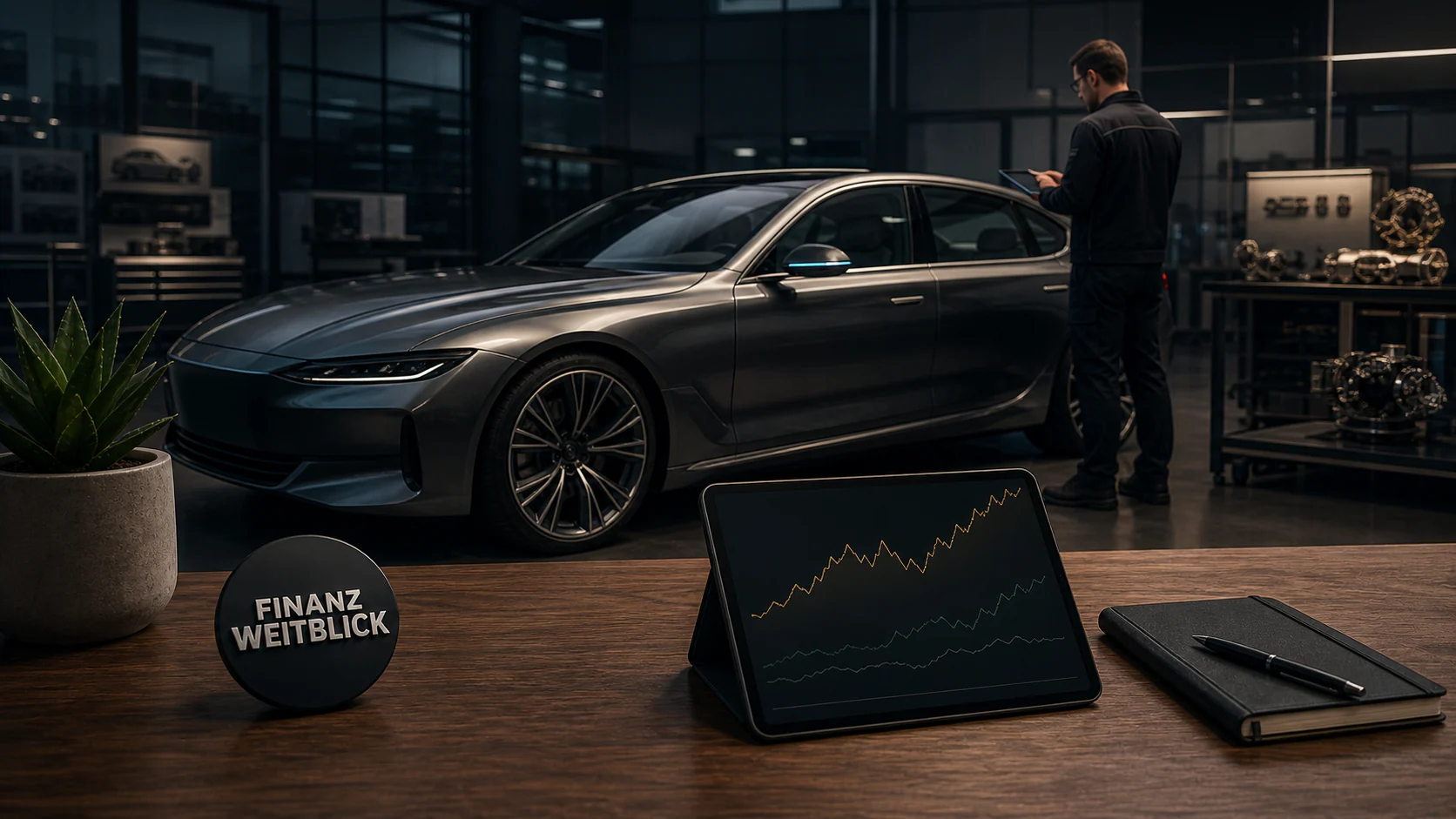 Fotorealistische FinanzWeitblick-Kampagnenszene in einem dynamischen Fahrzeug-Designstudio mit Elektroauto, technischen Skizzen und integrierter Markenplakette