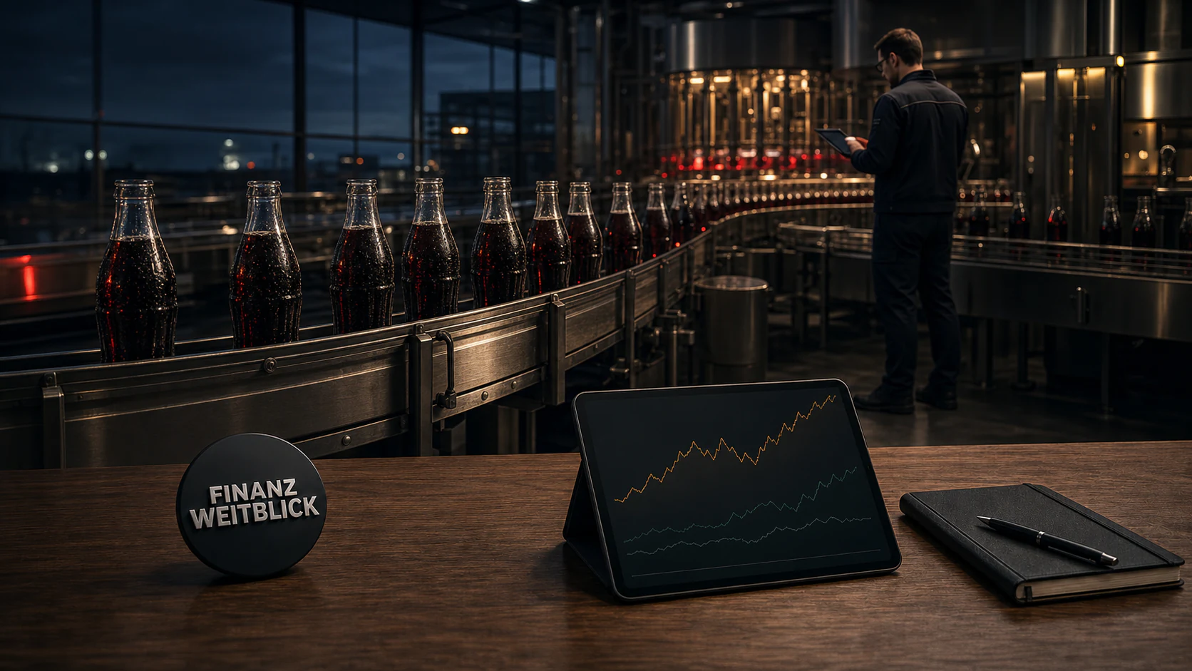 Fotorealistische FinanzWeitblick-Kampagnenszene in einem hochwertigen Getränkelabor mit Glasflaschen, globaler Absatzkarte, Dividendenanalyse und integrierter schwarzer Markenplakette