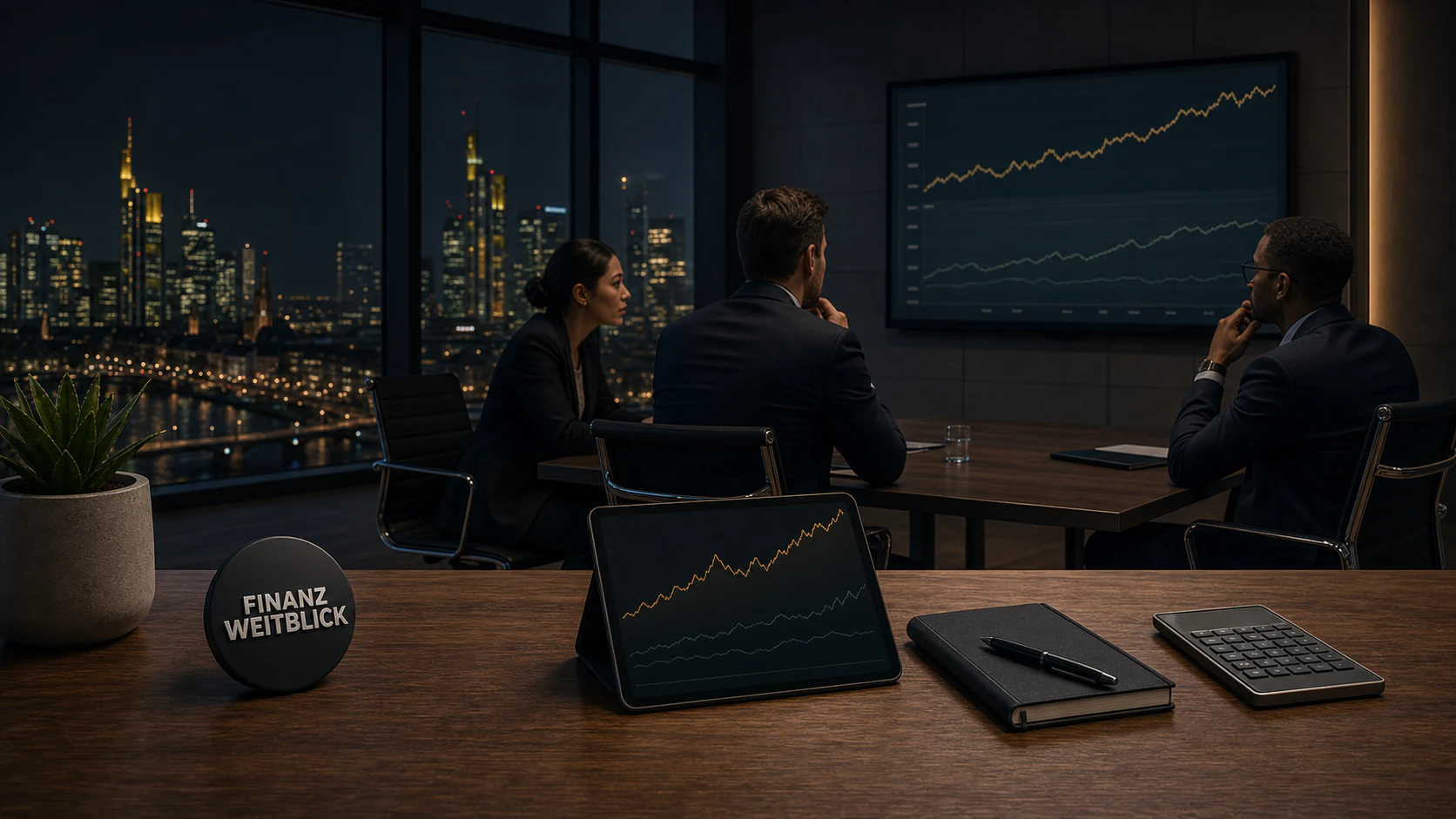 Fotorealistische FinanzWeitblick-Kampagnenszene in einem Frankfurter Bankhochhaus mit Handelsmonitoren, Bilanzanalyse, Skyline und integrierter schwarzer Markenplakette