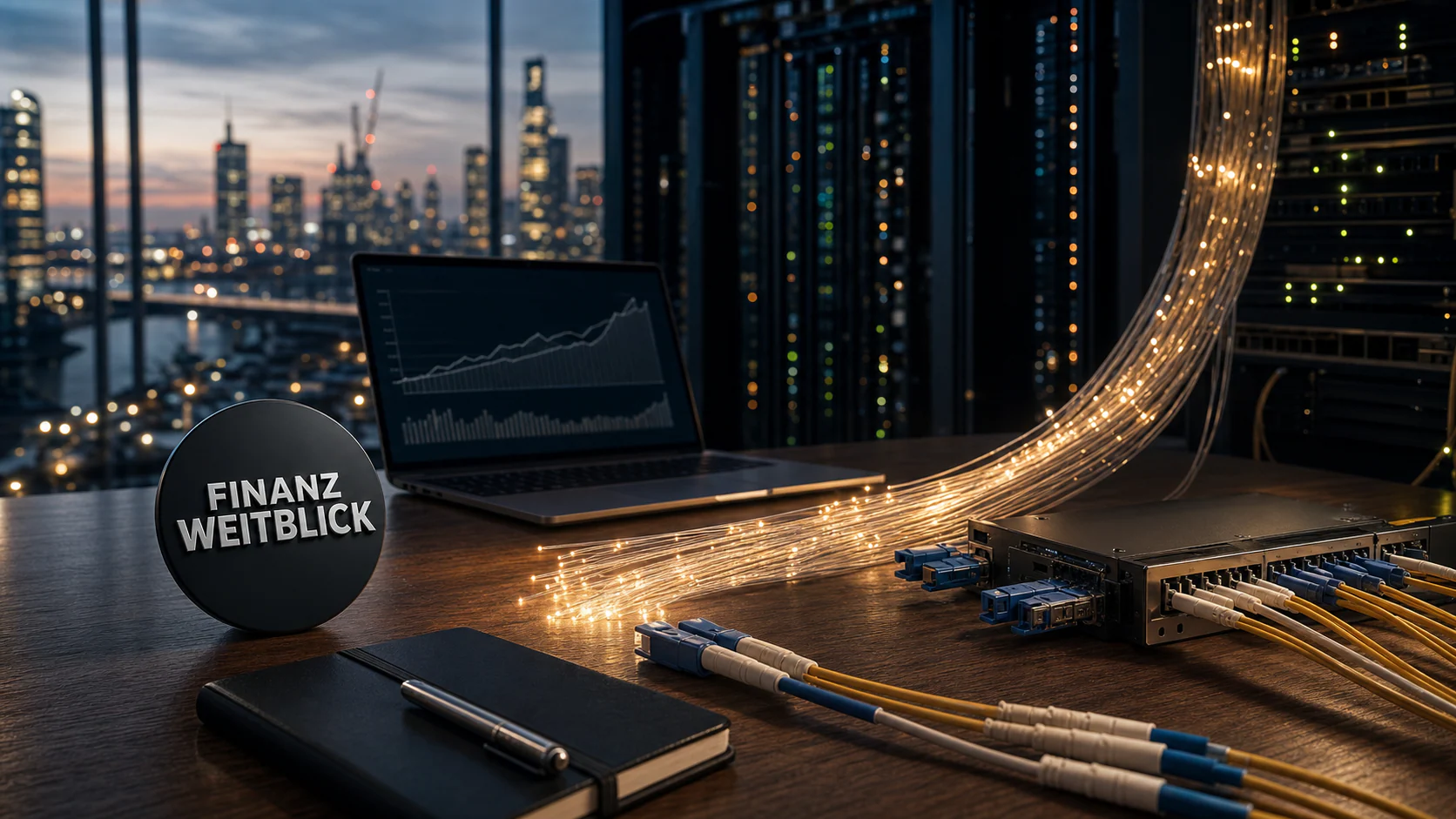 Fotorealistische FinanzWeitblick-Kampagnenszene eines urbanen Telekom-Arbeitsplatzes bei Nacht mit Sendemast, Lichtspuren, Netzwerkanalyse und integrierter Markenplakette