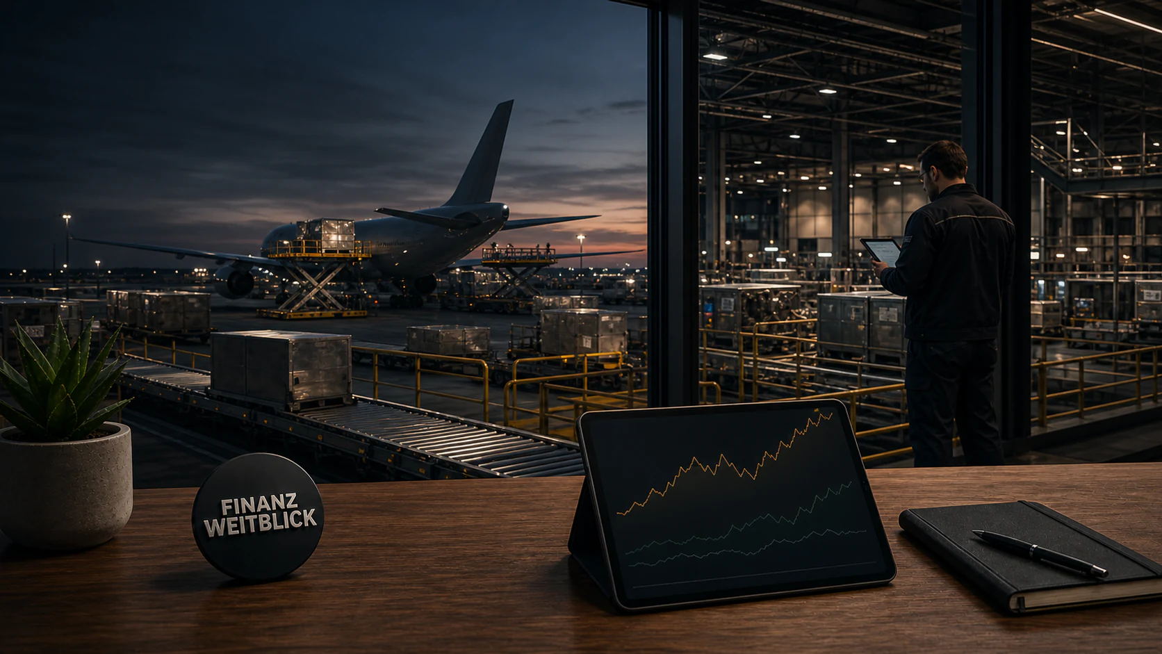 Fotorealistische FinanzWeitblick-Kampagnenszene in einem globalen Logistikzentrum mit Paketbändern, Frachtflugzeug, Finanzanalyse und integrierter schwarzer Markenplakette