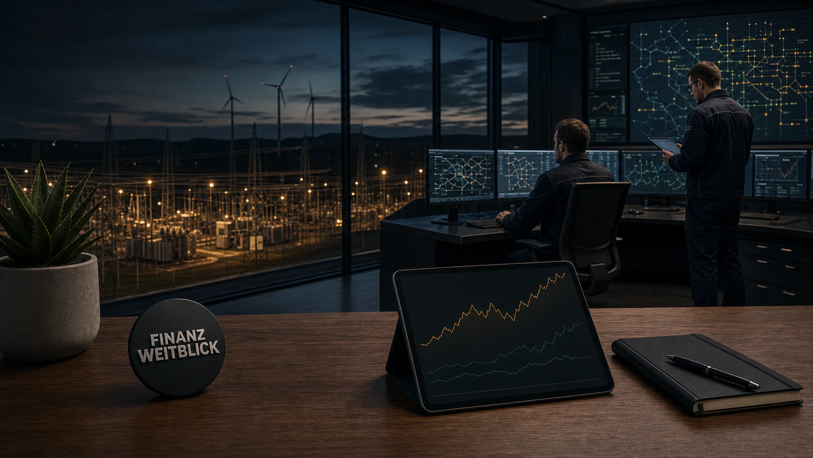 Fotorealistische FinanzWeitblick-Kampagnenszene in einer digitalen Netzleitstelle mit Stromtrassen, erneuerbaren Energien, Dividendenanalyse und integrierter schwarzer Markenplakette