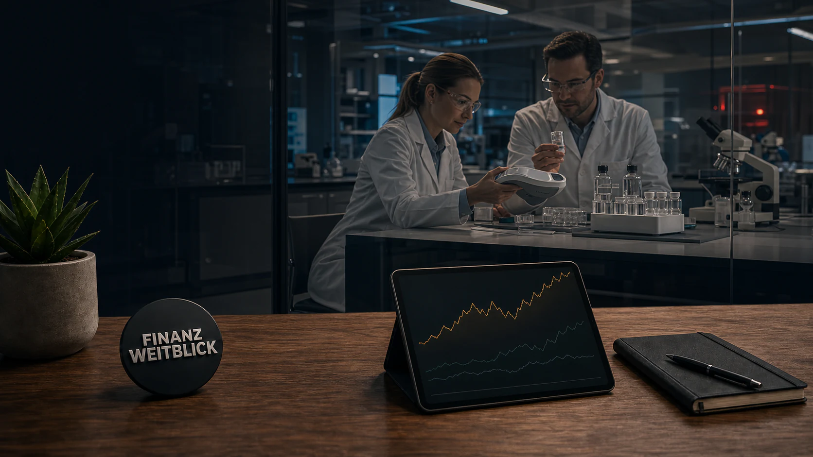Fotorealistische FinanzWeitblick-Kampagnenszene in einem modernen Gesundheitsforschungszentrum mit Medizintechnik, Labor, Dividendenanalyse und integrierter schwarzer Markenplakette