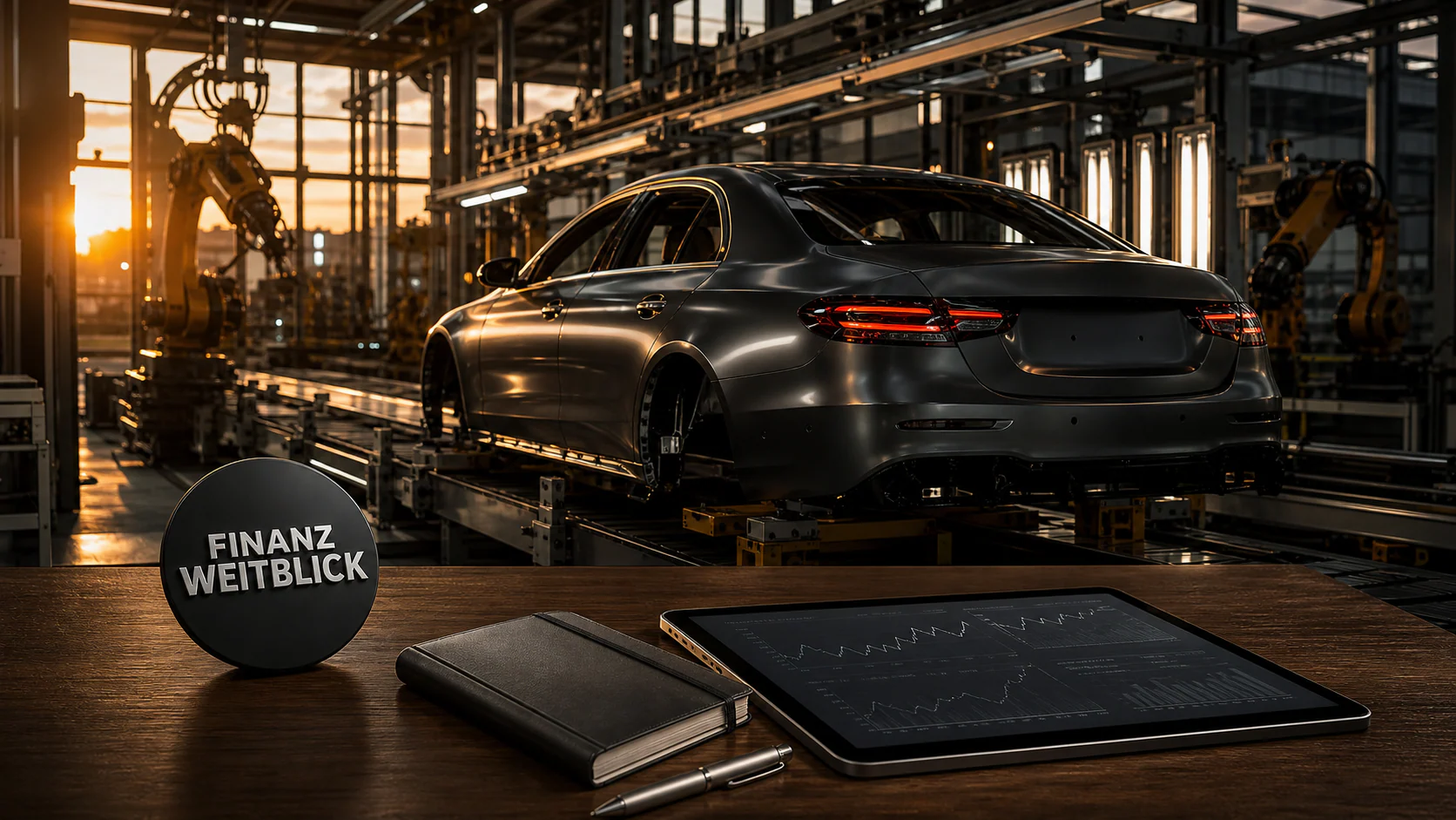 Fotorealistische FinanzWeitblick-Kampagnenszene in einem Premium-Automobilstudio mit eleganter Limousine, Finanzanalyse und integrierter Markenplakette