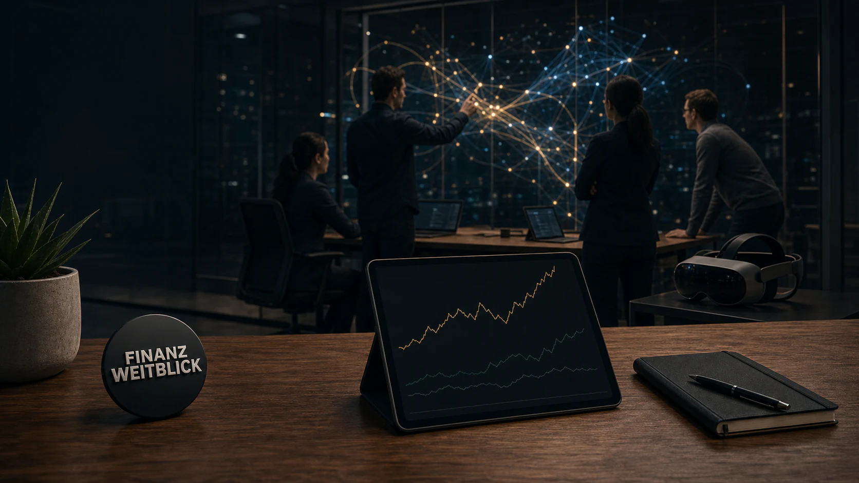 Fotorealistische FinanzWeitblick-Kampagnenszene in einem futuristischen Social-Media- und KI-Studio mit Datenströmen, Rechenzentrum, Finanzanalyse und integrierter schwarzer Markenplakette