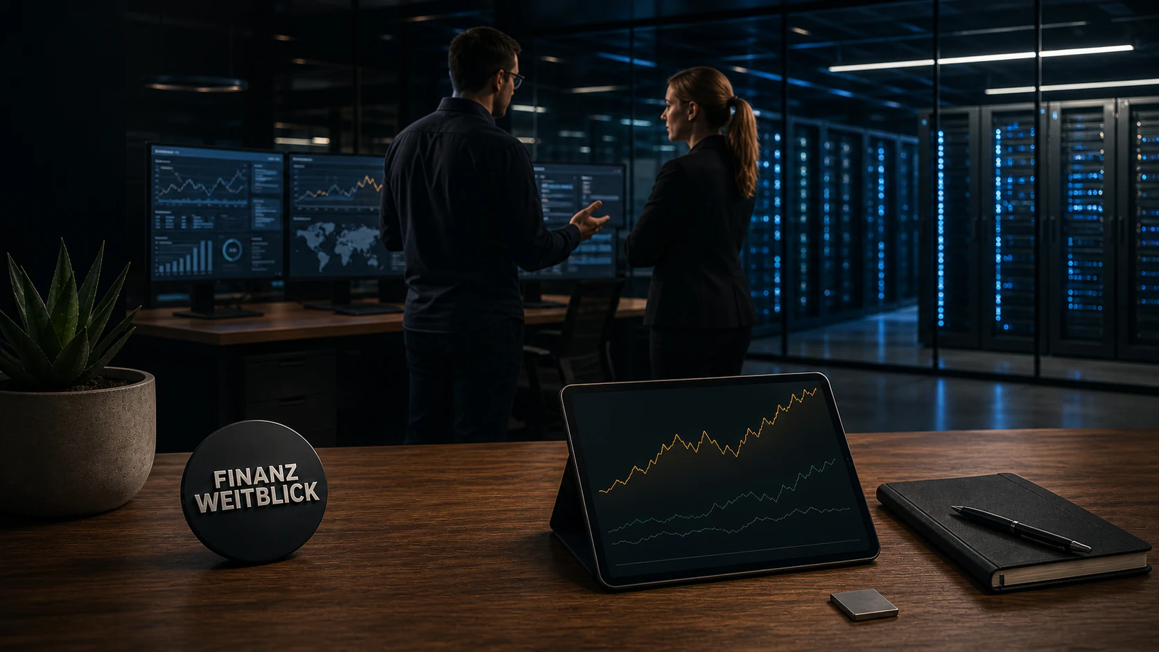 Fotorealistische FinanzWeitblick-Kampagnenszene in einem eleganten Cloud- und Softwarebüro mit Rechenzentrum, KI-Datenvisualisierung, Dividendenauswertung und integrierter schwarzer Markenplakette
