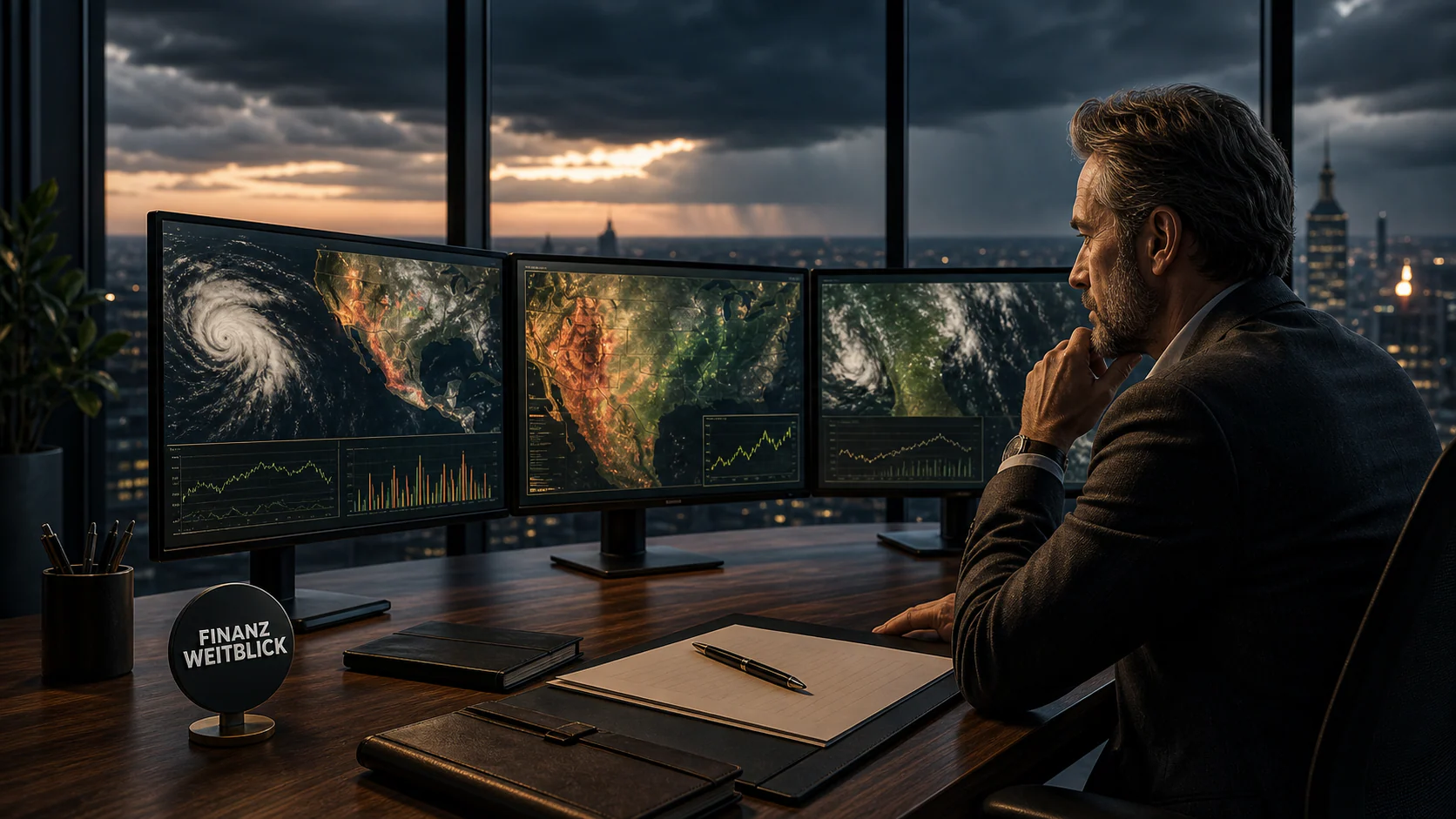 Fotorealistische FinanzWeitblick-Kampagnenszene in einem Münchner Hochhausbüro vor einer Wetterfront mit globaler Risikoanalyse und integrierter Markenplakette