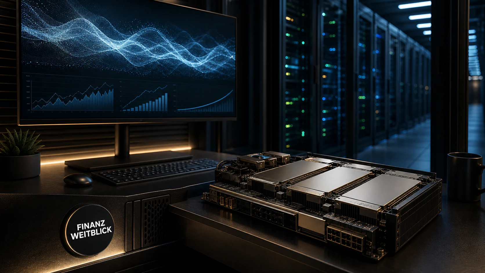 Fotorealistische FinanzWeitblick-Kampagnenszene an einem KI-Arbeitsplatz vor einem Rechenzentrum mit GPU-Platine, Datenanalyse und integrierter Markenplakette