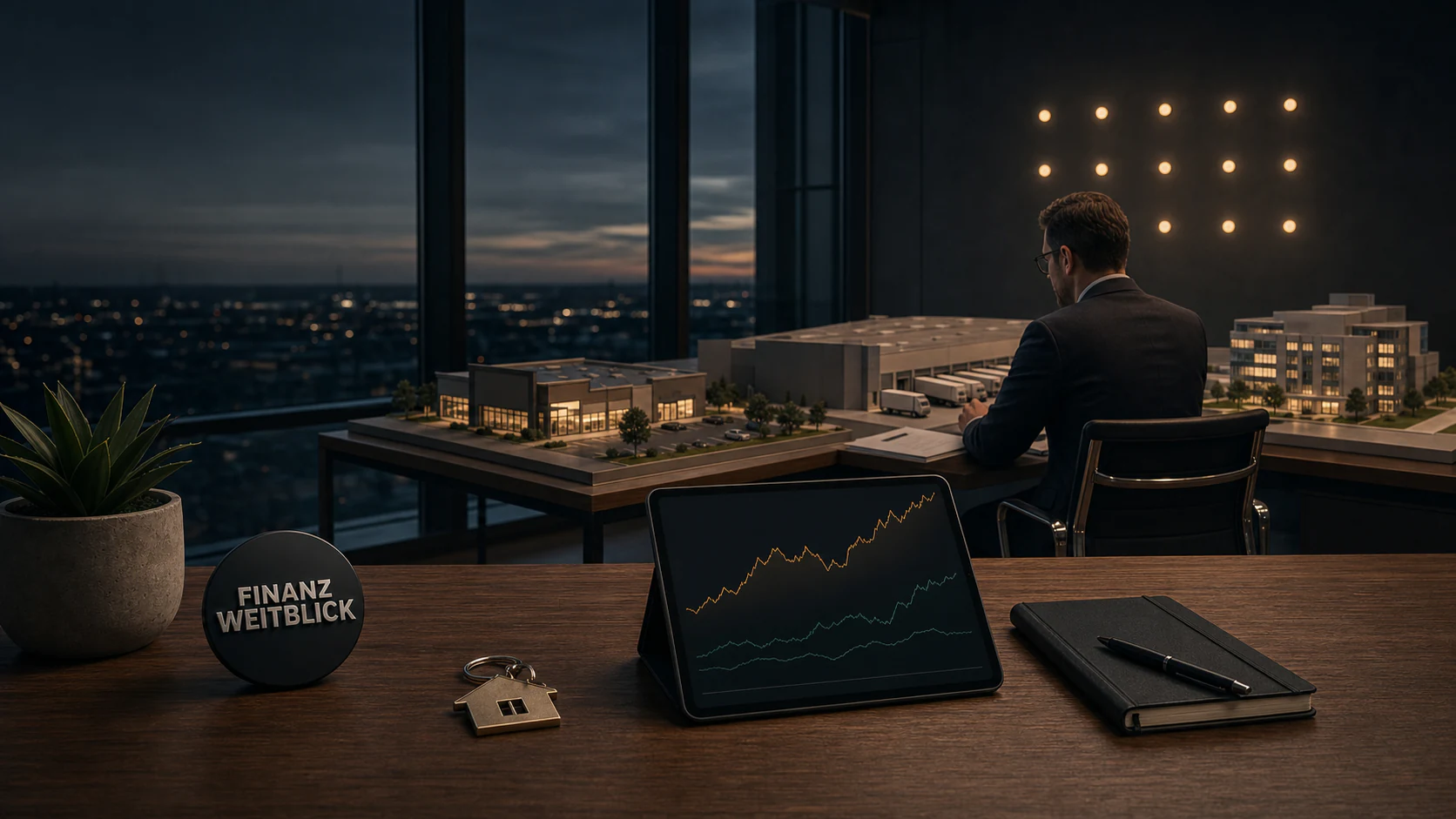 Fotorealistische FinanzWeitblick-Kampagnenszene mit diversifiziertem Gewerbeimmobilienportfolio, Monatskalender, Cashflowanalyse und integrierter schwarzer Markenplakette