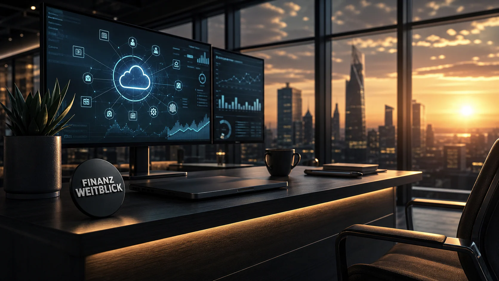 Fotorealistische FinanzWeitblick-Kampagnenszene in einem modernen Daten- und Cloud-Control-Center mit Arbeitsplatz, Analysedisplay und integrierter Markenplakette