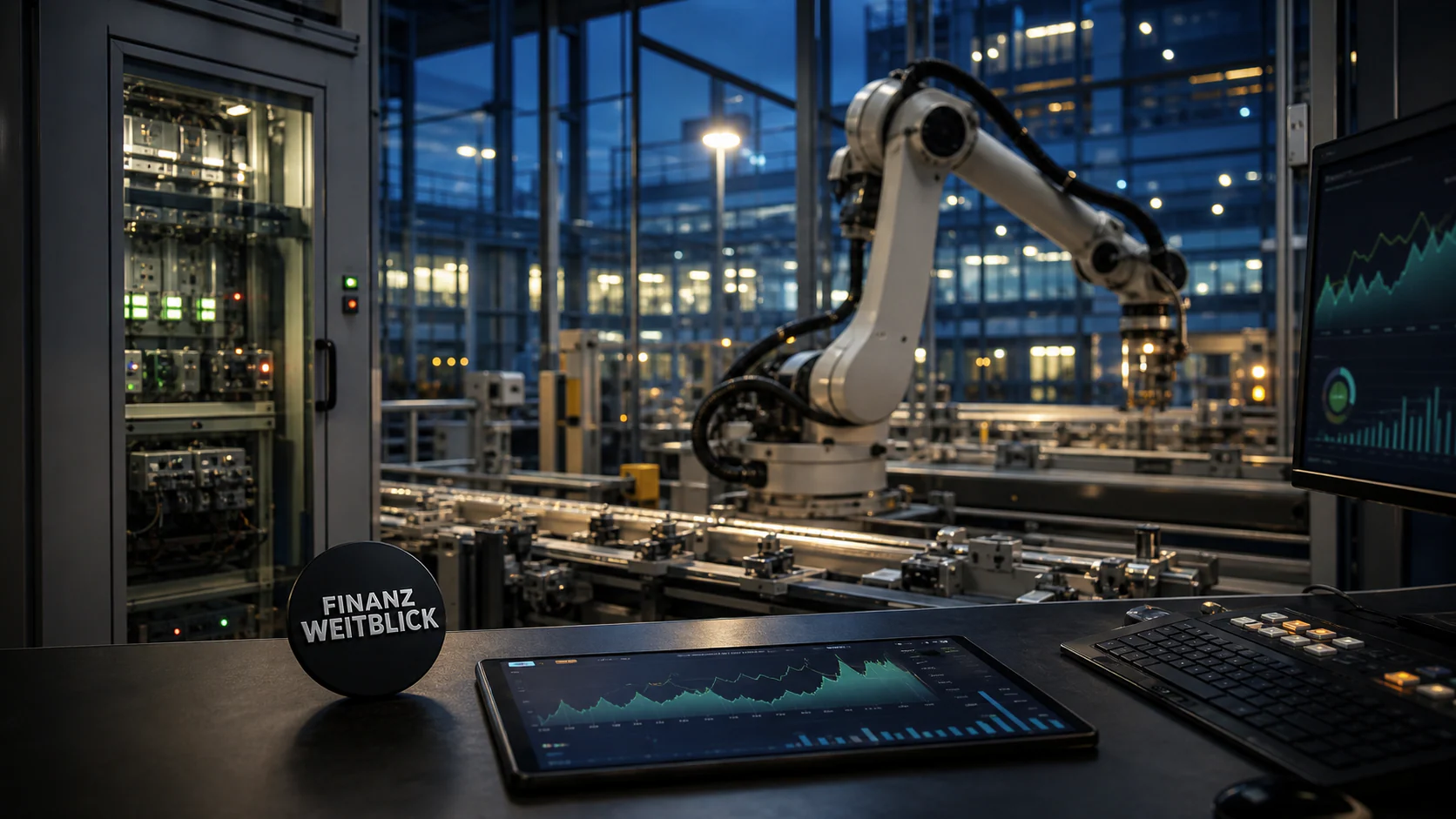 Fotorealistische FinanzWeitblick-Kampagnenszene in einer Smart Factory mit Robotik, Turbine, digitalem Leitstand und integrierter Markenplakette