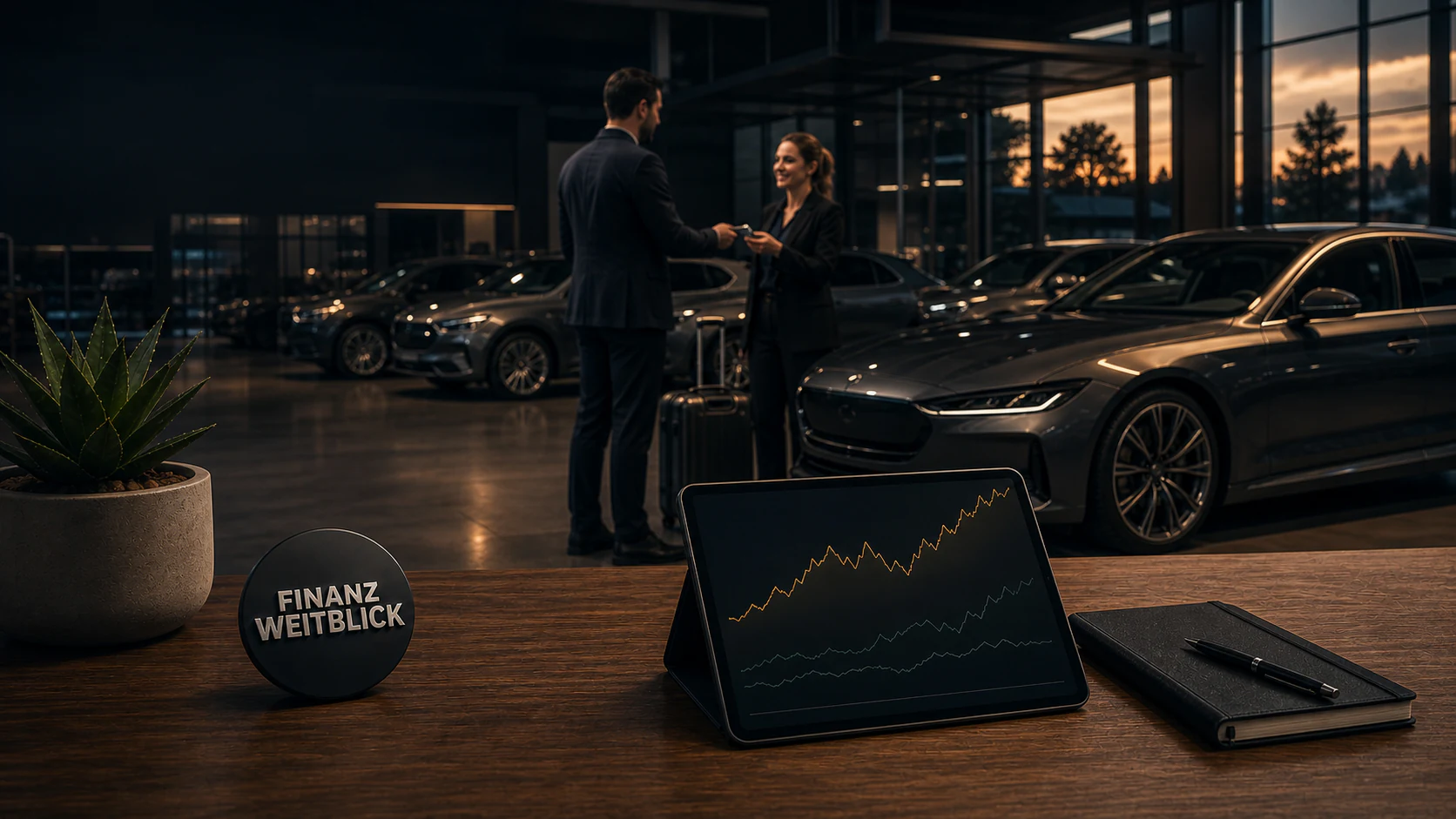 Fotorealistische FinanzWeitblick-Kampagnenszene in einer hochwertigen Mobilitätsstation mit Premiumfahrzeugen, digitalem Flottenmanagement, Dividendenanalyse und integrierter schwarzer Markenplakette