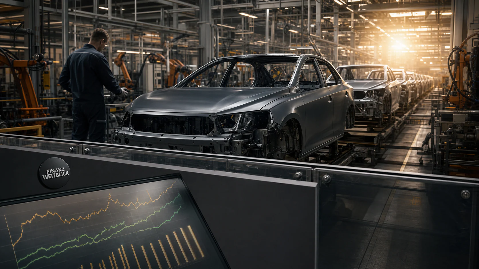 Fotorealistische FinanzWeitblick-Kampagnenszene in einer modernen Autofertigung mit Robotik, Elektrofahrzeug, Dividendenanalyse und integrierter schwarzer Markenplakette
