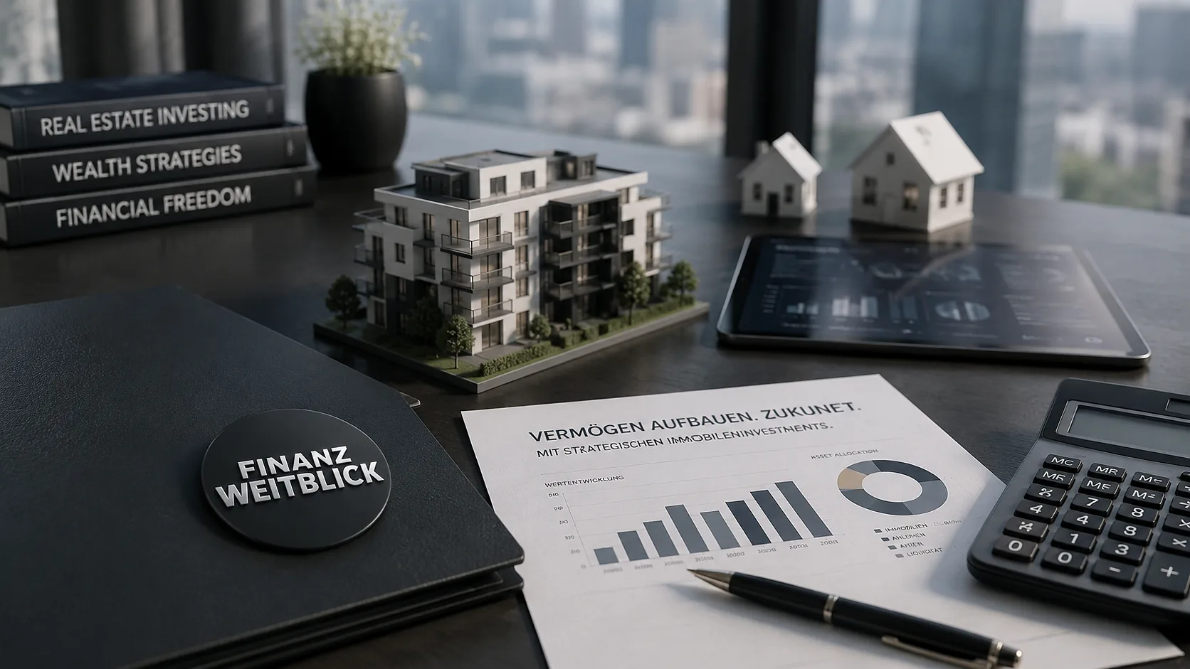 Analysearbeitsplatz mit Immobilienmodell, Kennzahlen und Taschenrechner