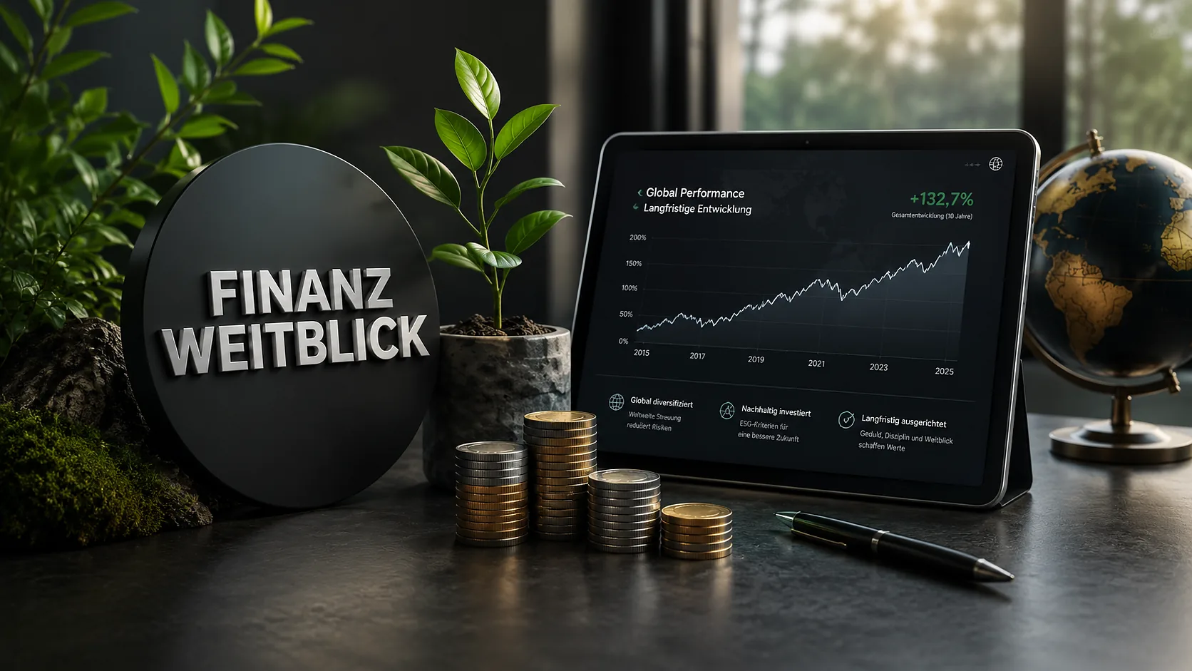 FinanzWeitblick-Anlageszene mit langfristiger Kursentwicklung, Pflanzen und Münzen