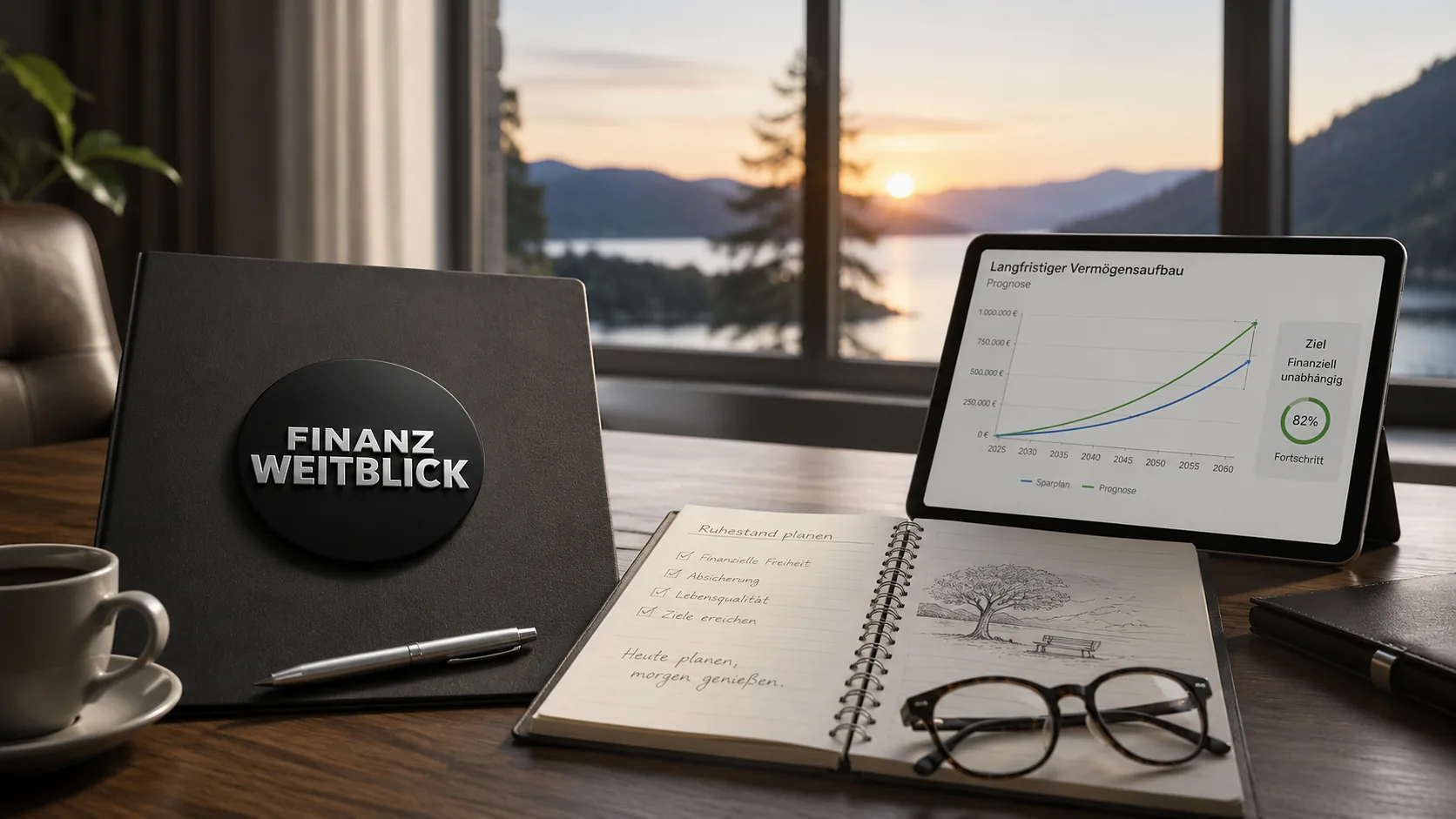 Ruhestandsplanung mit Tablet, Notizbuch und FinanzWeitblick-Markenbild