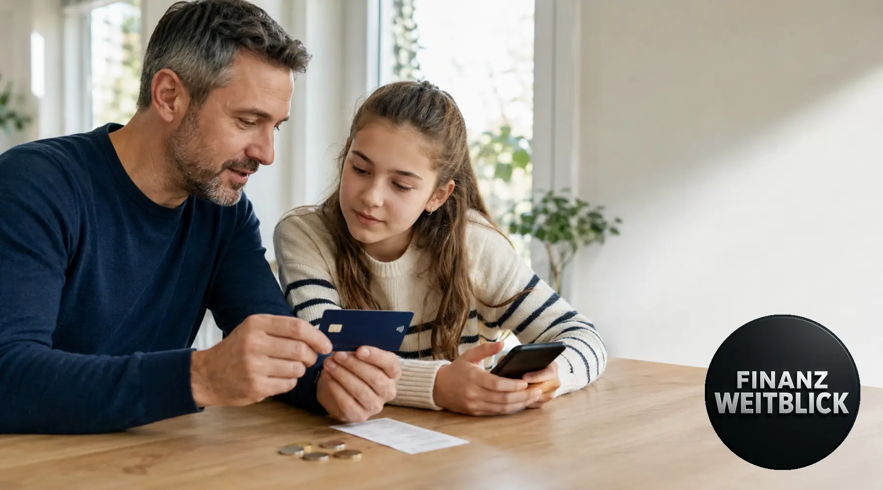 Vater und Tochter besprechen eine Bezahlkarte, Smartphone und den dazugehörigen Betrag