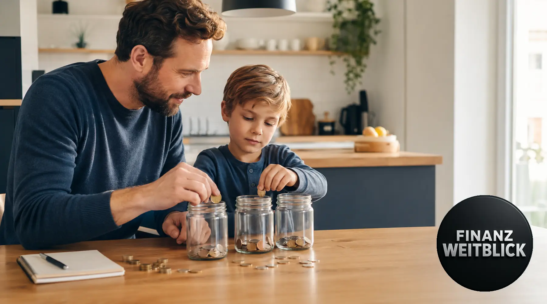 Vater und Kind teilen Münzen auf drei Gläser für Ausgeben, Sparen und Teilen auf