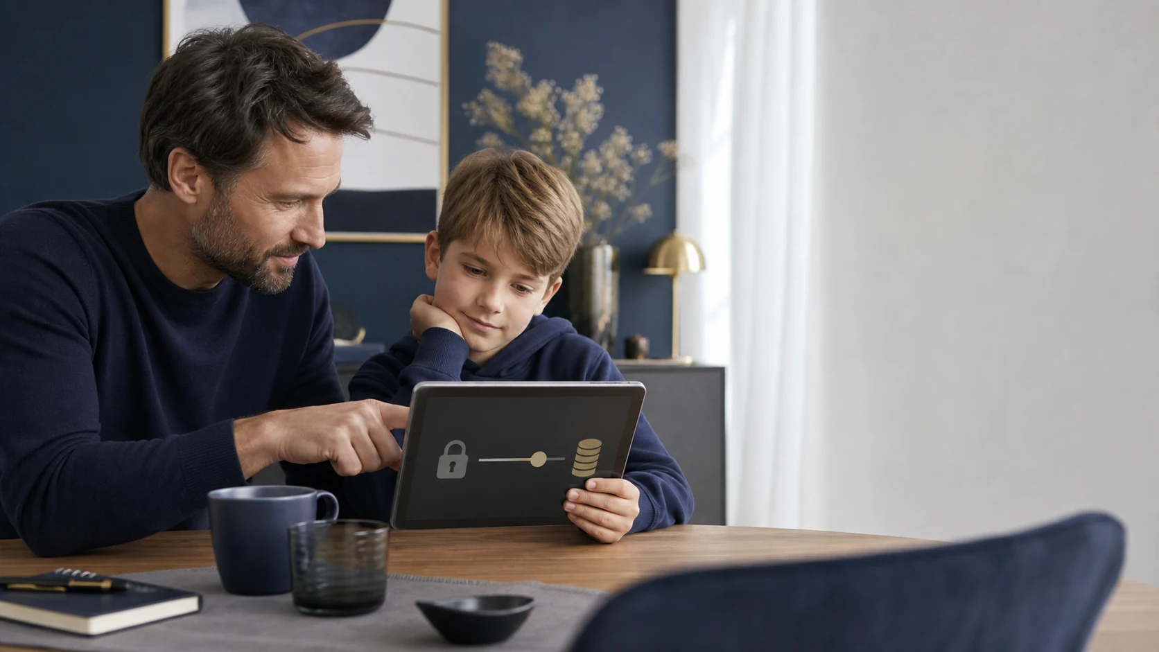 Vater und Tochter besprechen digitales Bezahlen und In-App-Käufe