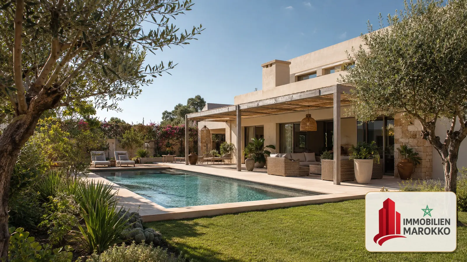 Beispielmotiv eines Hauses mit Pool und Garten bei Agadir sowie eingeblendetem Schriftzug Immobilien Marokko