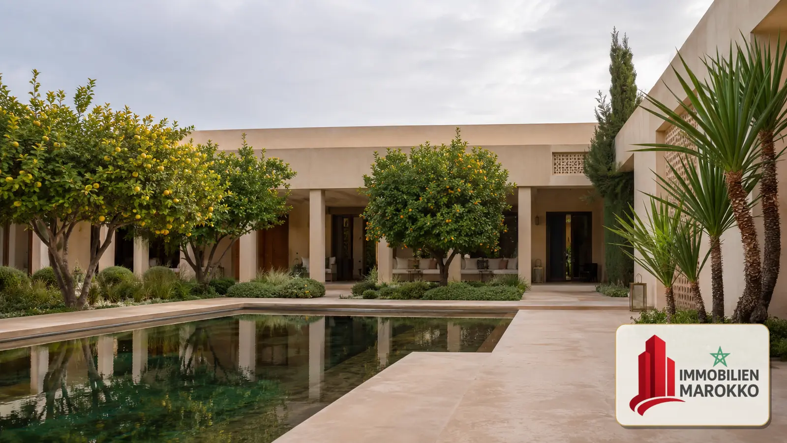 Beispielmotiv eines Gartens mit Wasserbecken in Rabat und eingeblendetem Schriftzug Immobilien Marokko