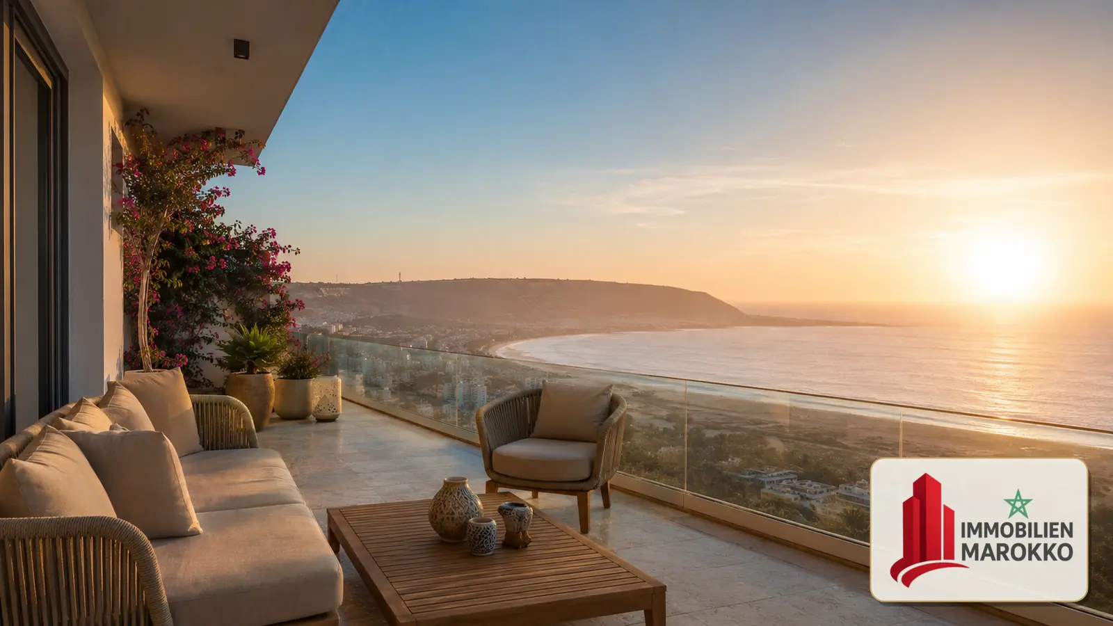 Beispielmotiv einer Wohnungsterrasse mit Blick auf die Küste von Agadir und eingeblendetem Schriftzug Immobilien Marokko