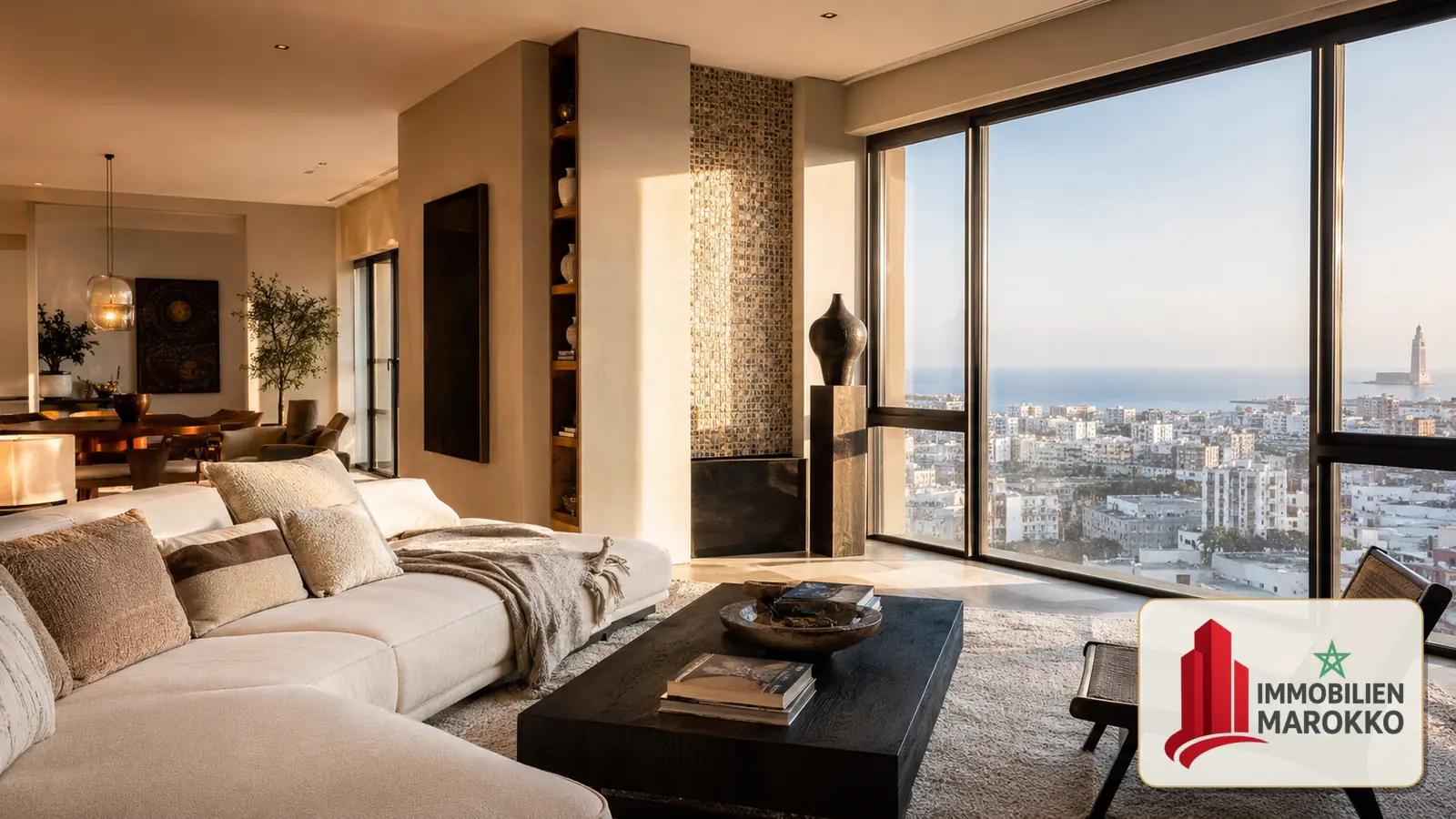 Beispielmotiv eines Wohnraums mit Blick über Casablanca und eingeblendetem Schriftzug Immobilien Marokko