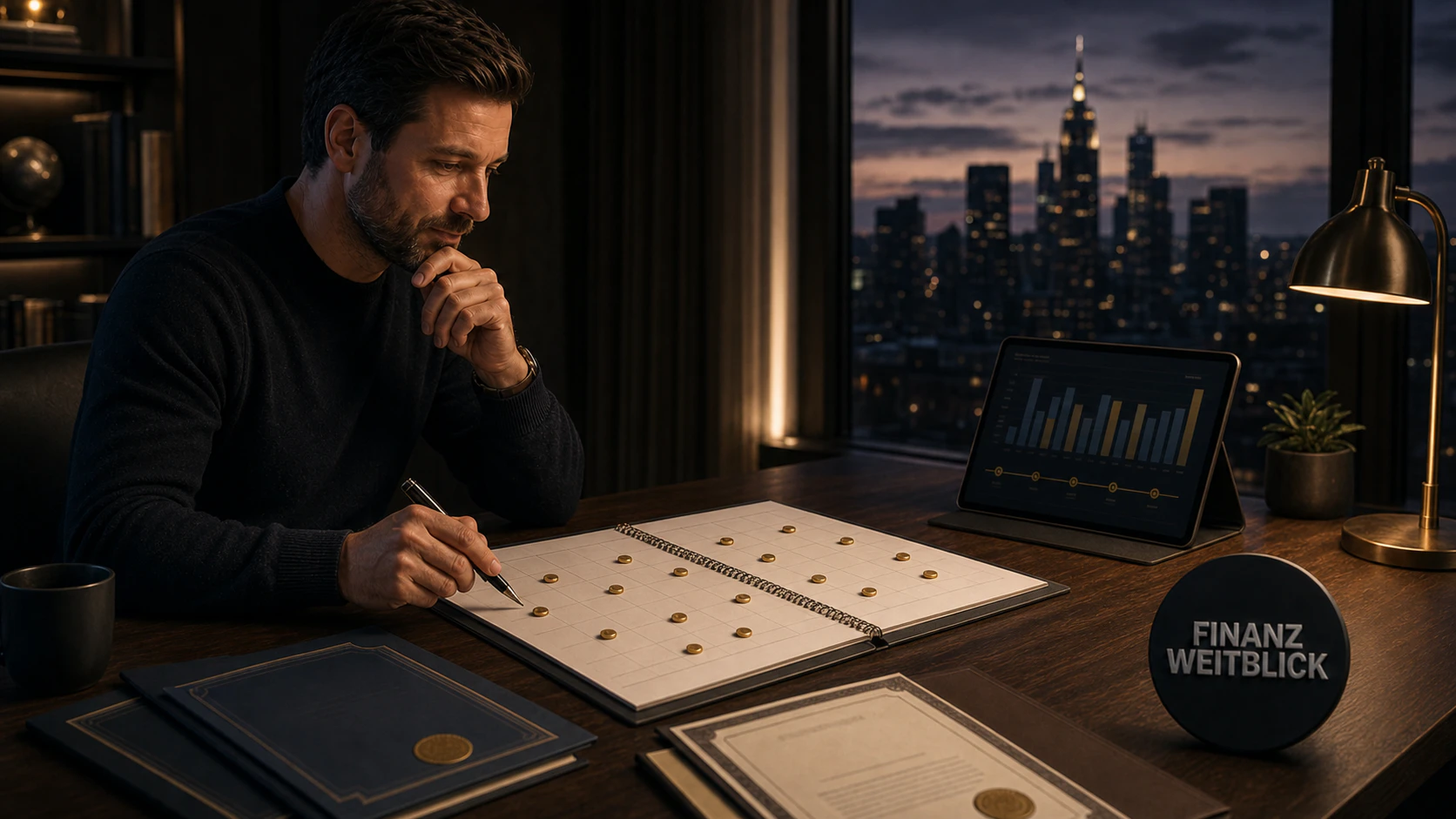 Dunkelblaue FinanzWeitblick-Kalenderszene mit goldenen Markierungen für Dividendenprüfungen, Aktienunterlagen und integrierter Markenplakette