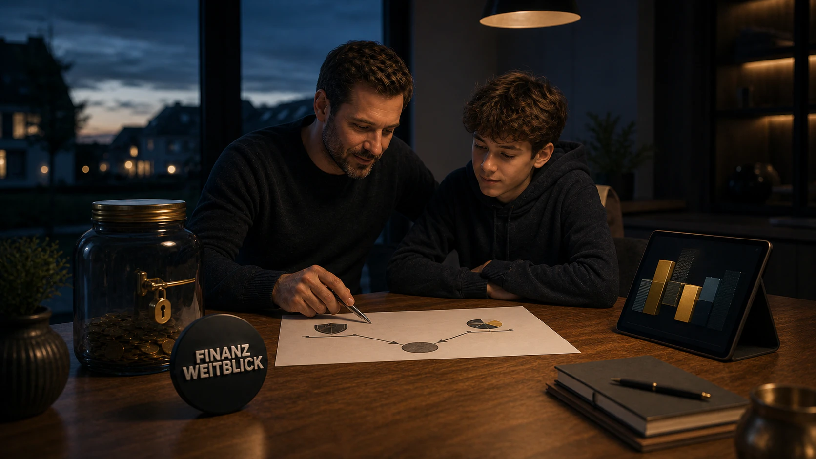 Dunkelblau-goldene FinanzWeitblick-Vergleichsszene mit zwei Anlagewegen für Kinder, Altersvorsorge und flexiblem Juniordepot