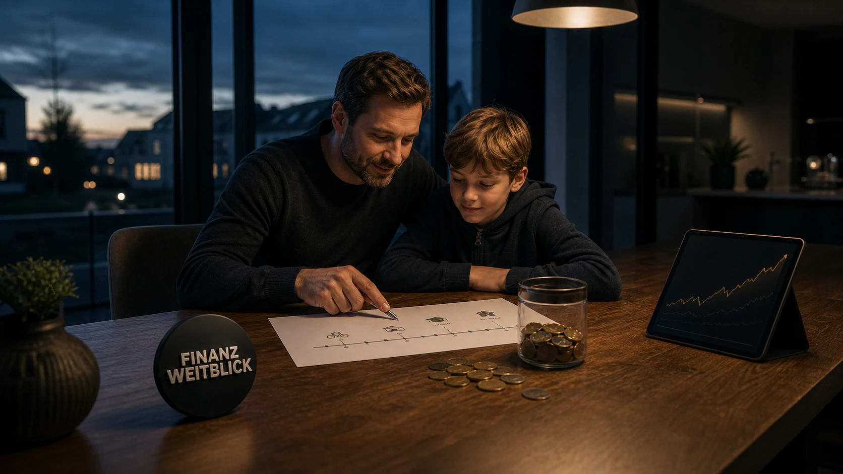 Dunkelblau-goldene FinanzWeitblick-Szene mit Familie, langem Anlagehorizont und symbolischem Frühstart-Depot