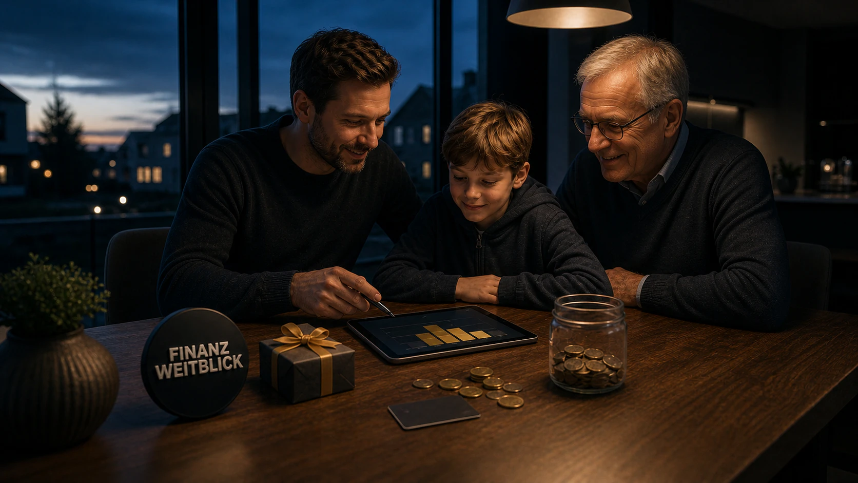 Dunkelblau-goldene FinanzWeitblick-Illustration einer Familie, die Sparziele, Kinderkonto und ETF-Anlage plant