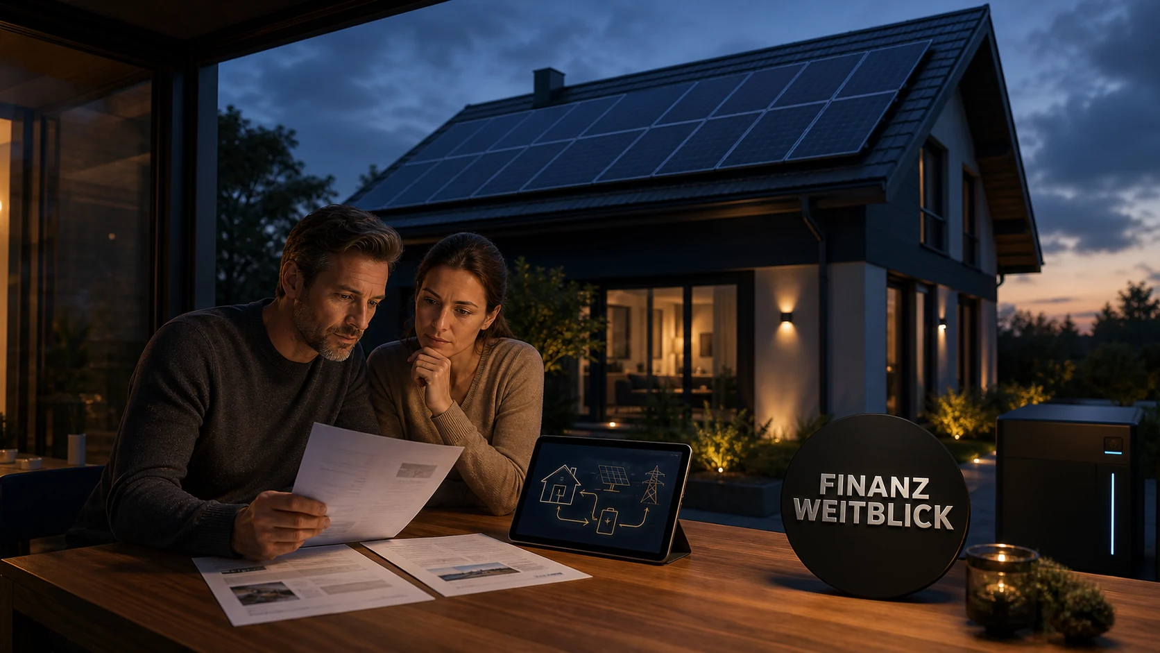 Photovoltaikanlage auf einem Hausdach im dunkelblau-goldenen FinanzWeitblick-Stil